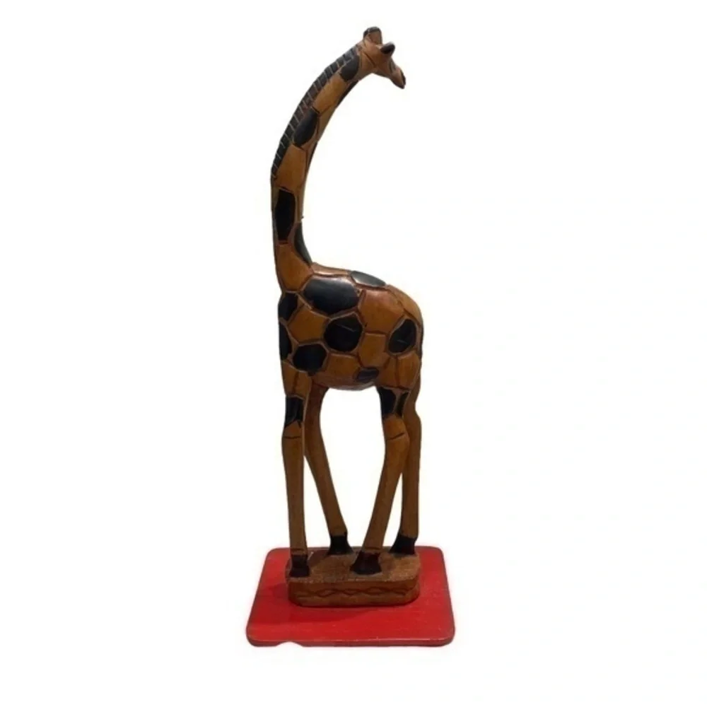 Hand Craved Wooden Giraffe Sculpture on Red Base